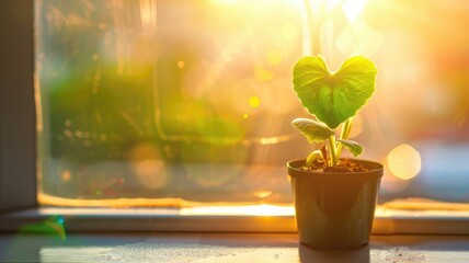 Wall Mural - Small plant in pot bathed golden sunlight