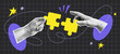 © Nataliia - Collage with halftone two hands putting puzzle together. Teamwork concept vector pop art retro style illustration. Partnership and  relationship design element for infographic, poster, website