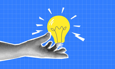 collage with halftone hand and light bulb. creative idea generation or brainstorm concept vector pop