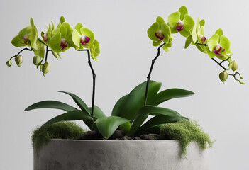 Wall Mural - Decorative orchid green in concrete pot isolated on white background