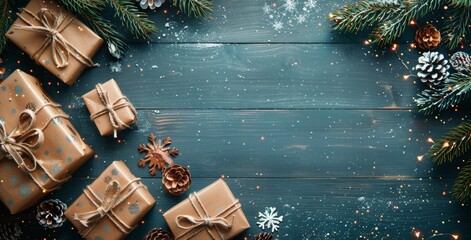 Wall Mural - Wrapped Christmas Presents Surrounded by Pine Branches and Snow on a Wooden Tabletop