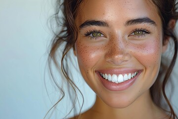 Wall Mural - Closeup photo portrait of a beautiful young latin hispanic model woman smiling with clean teeth. Used for a dental ad. Isolated on light background, Generative AI