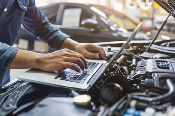 Auto diagnostics - mechanical technician employing laptop for car maintenance programming, integration of computer technology in vehicle service, emphasizing accuracy and modern repair methods