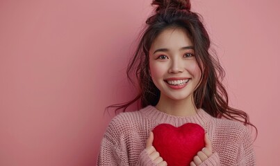 happy smile Asian woman in pink sweater hold red heart, Generative AI