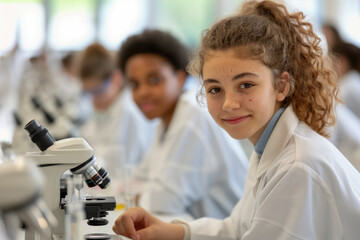 Young Girl in Lab Coat Smiling in Science Class