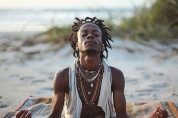 Black yogi complaining suffering neck ache on the beach, Generative AI