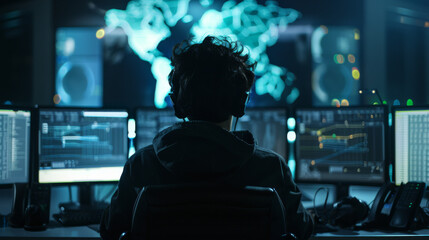 Wall Mural - A man is sitting in front of a computer monitor with a globe on the screen