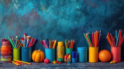 Colorful art supplies arranged in front of a blue background.  Perfect for back to school or education concepts.