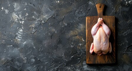 Poster - Top-down view of a raw whole chicken on a wooden cutting board. Dark rustic background adds contrast. Food photography perfect for culinary blogs or recipe articles. High resolution. AI