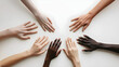 © EliteStockPhotos - Diverse hands reaching out in unity on a clean surface, representing friendship and collaboration, ideal for social campaigns focused on inclusivity.