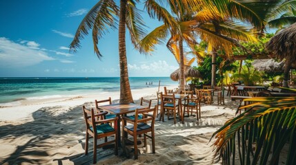 Wall Mural - chairs and tables on a paradise beach with palm trees on a sunny day