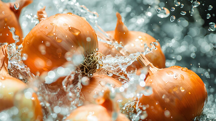 Wall Mural - red onion with splashing water on black background