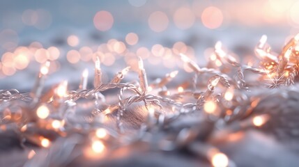 A close-up image of warm white fairy lights resting on a surface with a beautifully blurred background, creating a cozy and festive atmosphere perfect for any season.