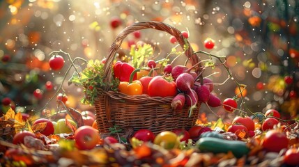 A wicker basket overflowing with fresh produce, surrounded by vibrant autumn leaves and bathed in warm sunlight.