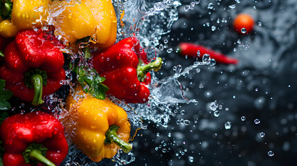 Wall Mural - water splash on red bell pepper, fresh vegetable and healthy eating concept