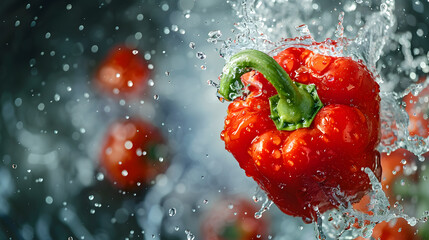 Wall Mural - water splash on red bell pepper, fresh vegetable and healthy eating concept