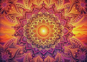 Wall Mural - Vibrant abstract mandala pattern set against a warm sunset backdrop, featuring swirling colors of pink, orange, yellow, and purple in an intricate design.