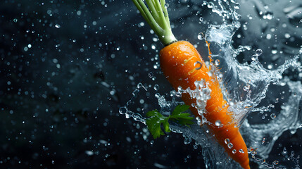 Wall Mural - water splash on carrots, fresh vegetable and healthy eating concept