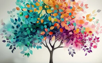 Wall Mural - Colorful tree with leaves on hanging branches illustration background. 3d abstraction wallpaper for interior mural wall art decor. Floral tree with multicolor, Generative AI