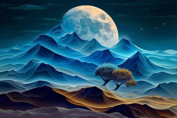 Wall Mural - Abstract modern and creative 3d interior mural wall art wallpaper with moon and Dark Blue Mountains. 3D Abstraction Wallpaper for Home Wall. Generative AI