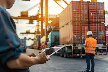Fototapete - The business team using a tablet to track cargo movement and manage shipping logistics. 
