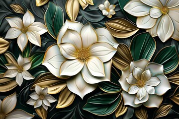 Wall Mural - Luxury floral seamless with flowers elegant leather texture illustration background in golden, green, white, and black colors. 3d abstraction wallpaper for interior mural wall art decor, Generative AI