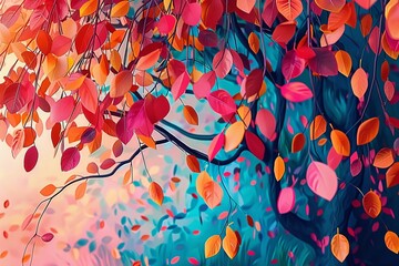 Canvas Print - Elegant colorful tree with colorful leaves illustration background. Bright painting 3d abstract wallpaper for interior mural wall art decor. Generative AI