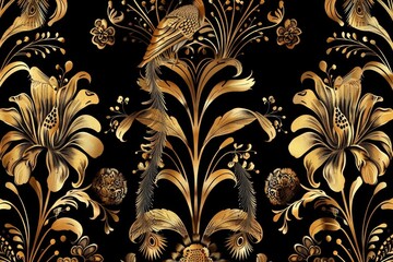 Sticker - Elegant leather base golden floral seamless damask flowers with golden peacocks isolated on black background. Matelic, Italian, chains 3d interior mural wall art decor, Generative AI