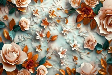 Sticker - 3D High Decoration Background Wallpaper, 3D wallpaper design with floral for photo mural background, Generative AI