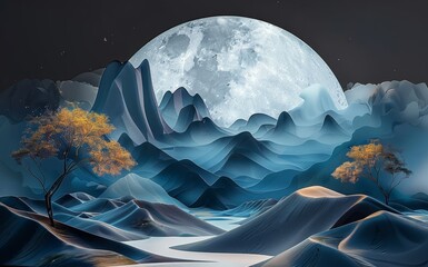 Poster - Abstract modern and creative 3d interior mural wall art wallpaper with moon and Dark Blue Mountains. 3D Abstraction Wallpaper for Home Wall. Generative AI