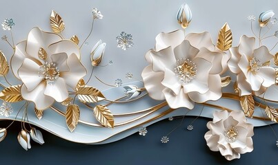 Sticker - 3d mural illustration white & blue background with golden jewelry and flowers, in black decorative wallpaper, Generative AI