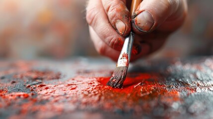 A close-up shot of a paintbrush vividly dragging red paint across a canvas, conveying the artist's passionate and dynamic application of color in their artwork.