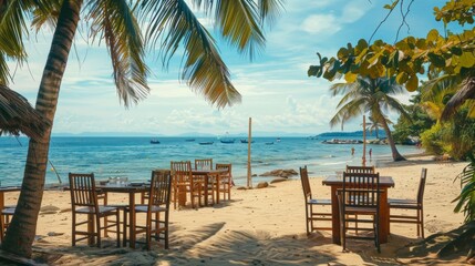 Wall Mural - chairs and tables on a paradise beach with palm trees on a sunny day