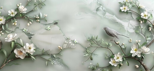 Sticker - minimalistic design 3d marble mural background light simple green wallpaper . birds in branches flowers floral background with flowers and herbs, Generative AI