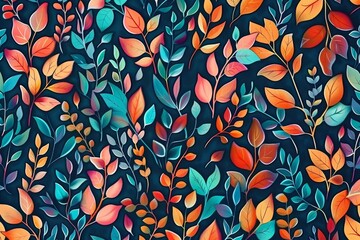 Canvas Print - Wall hanging branches seamless pattern leaves fall with bright color flowers illustration background. 3d abstraction wallpaper for interior mural wall, Generative AI