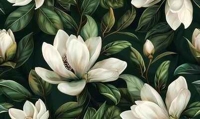 Wall Mural - Magnolia flowers, floral background, tropical seamless pattern, luxury wallpaper. Green leaves. Dark vintage hand-painted watercolor 3d illustration. Printable modern art, stylish mural, Generative AI