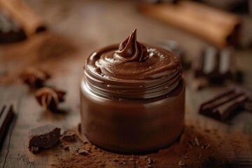 Wall Mural - A jar of rich and creamy chocolate frosting sitting on a table, perfect for decorating cakes or pastries