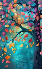 Wall Mural - Colorful tree with leaves on hanging branches illustration background. 3d abstraction wallpaper for interior mural wall art decor. Floral tree with multicolor, Generative AI