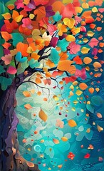 Sticker - Colorful tree with leaves on hanging branches illustration background. 3d abstraction wallpaper for interior mural wall art decor. Floral tree with multicolor, Generative AI