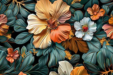 Sticker - wallpaper with colorful flowers and leaves. 3d interior mural wall art decor wallpaper. Floral plant and  flowers illustration background. Generative AI