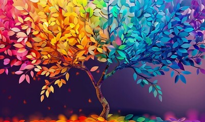 Sticker - Elegant colorful tree with colorful leaves illustration background. Bright painting 3d abstract wallpaper for interior mural wall art decor. Generative AI