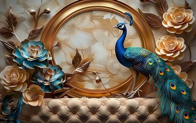 Canvas Print - Luxury Elegant Leather Base above on Flowers with Peacock illustration Background. 3D Wallpaper for Interior Mural Painting wall art Decor. Modern, Texture, Realistic 3d, Generative AI