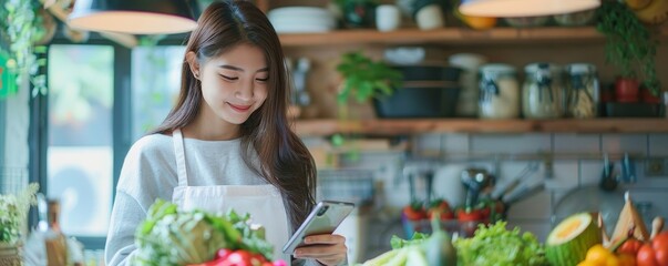 dieting attractive asian young woman, girl using smartphone write diet plan right nutrition with eat