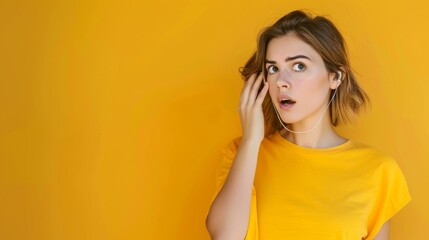 Poster - Young woman standing against vibrant yellow background. She looks surprised and thoughtful, touching her face gently. Bright minimalist portrait with strong color palette. Conceptual photo. AI