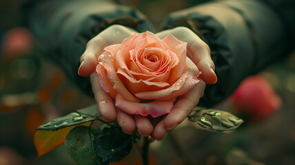 Gentle Hands Holding a Rose: A delicate peach rose blooms in the embrace of two hands, symbolizing love, care, and beauty. The soft, natural lighting adds a touch of intimacy to the image.