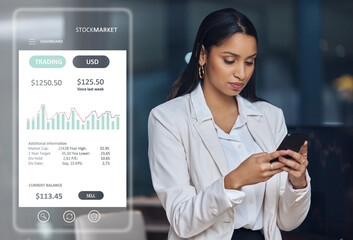 Aufkleber - Woman, cellphone and hologram of screen for stock market crash, business and career working in office. Charts, technology or trader in workplace for budget or crisis for company and future finance