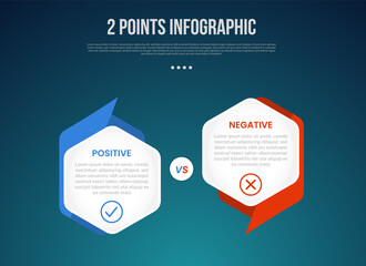 Sticker - 2 or two point template comparison versus things in infographic with hexagon side to side with creative header and footer sharp with modern dark style for slide presentation