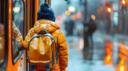 Wall Mural - Rear back view of little toddler boy wearing backpack and jacket, waiting on a public transport stop station for a yellow school bus travel.elementary kindergarten education kid child