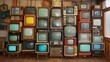 © Mechastock - A wall of colorful vintage retro televisions in an antique store