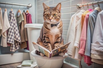 Naklejka na meble Adorable cat sitting on toilet, intently browsing phone, surrounded by fashion magazines and accessories, exhibiting curiosity and comedic relief in a humorous scene.